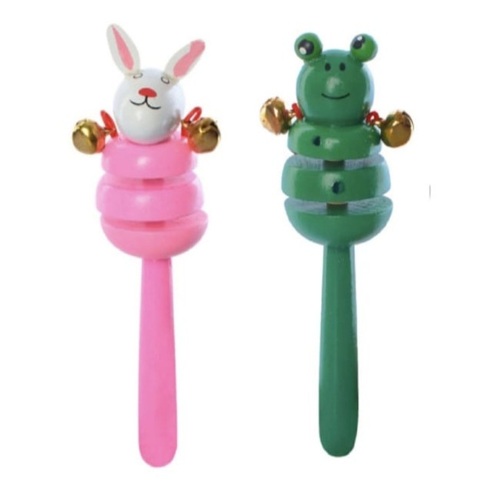 Set 2 jucarii muzicale, Castaniete, clopotei, lemn, verde/roz, 16 cm