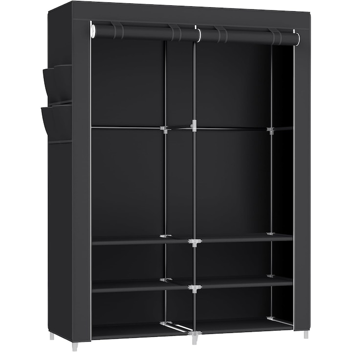Текстилен гардероб, 2 отделения за дрехи с рафтове, метална рамка, 127x45x176 см, черен