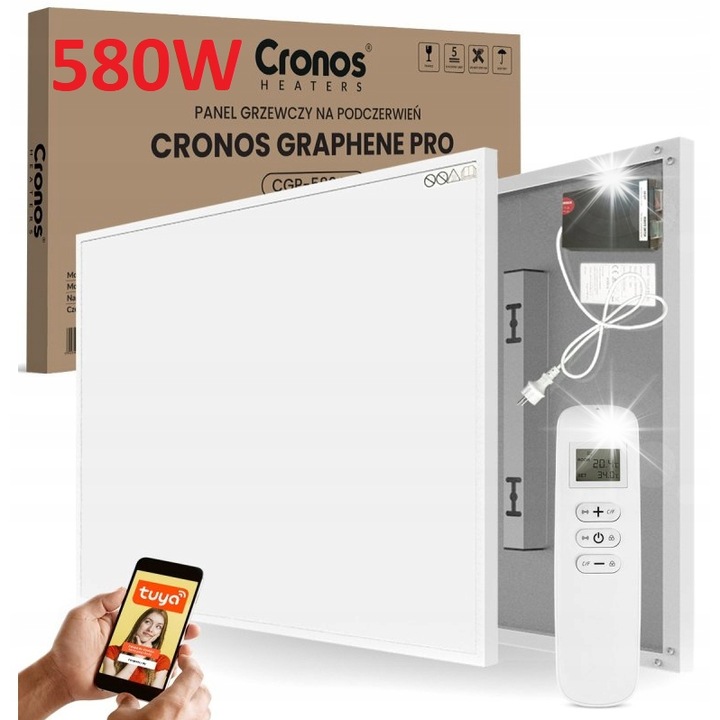 Panou de incalzire pe infrarosu Cronos 580W, alb, cu telecomanda si WiFi, dimensiuni 90,5x60,5cm