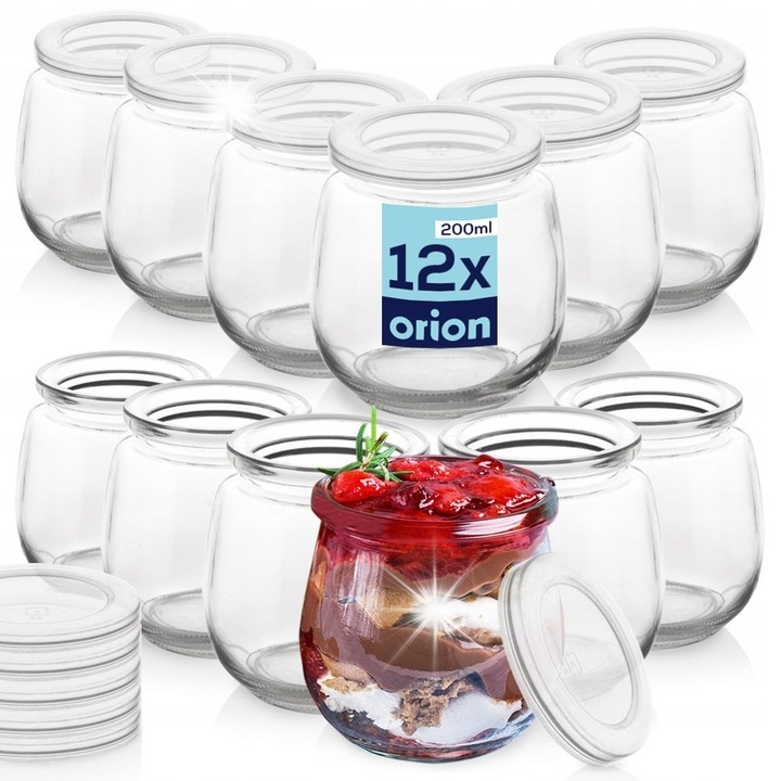 Комплект от 12 стъклени буркана с капак, Orion, 200 мл, прозрачни, 7,3x7 см