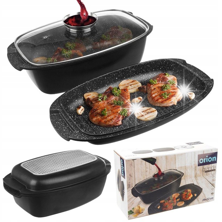 Тава за печене Orion, 39x22x15см, със стъклен капак, 5л, черна, многофункционален комплект