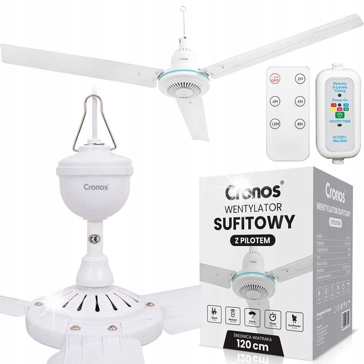 Ventilator de tavan Cronos 120cm, alb, cu timer si telecomanda, 3 palete