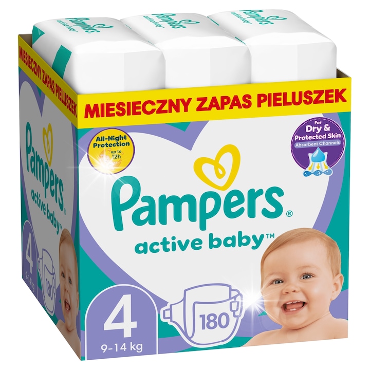 Пелени Pampers, модел 4, 9-14кг, комплект 180 броя, 370x440x250мм