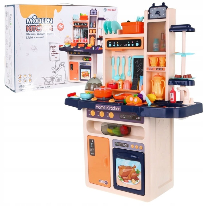 Interaktív gyerek konyha, 65 elemes, vízzel és gőzzel, kék, 93,5x71x28,5cm