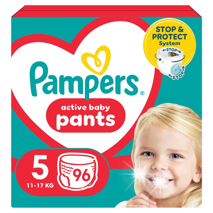 Scutece Pampers Pants 5, 12-17kg, set 96 buc, Stop & Protect, 360° ajustare, superabsorbante