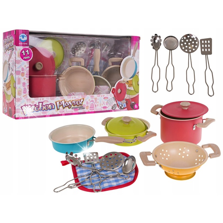 Színes fém főzőkészlet gyerekeknek, 11 részes, edényekkel, változatos méretekben