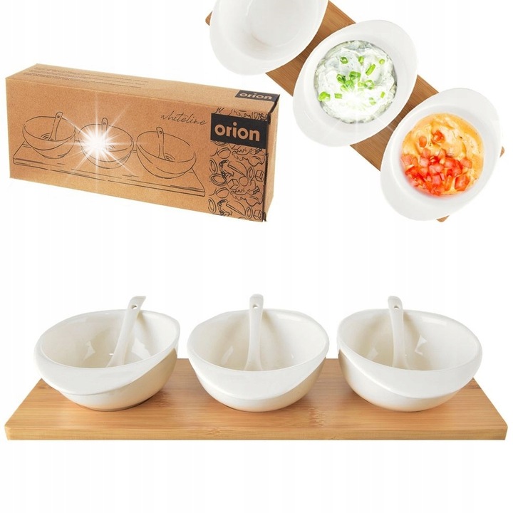 Set 3 boluri cu linguri, Orion, portelan alb, tava bambus, 32x13x5,5cm