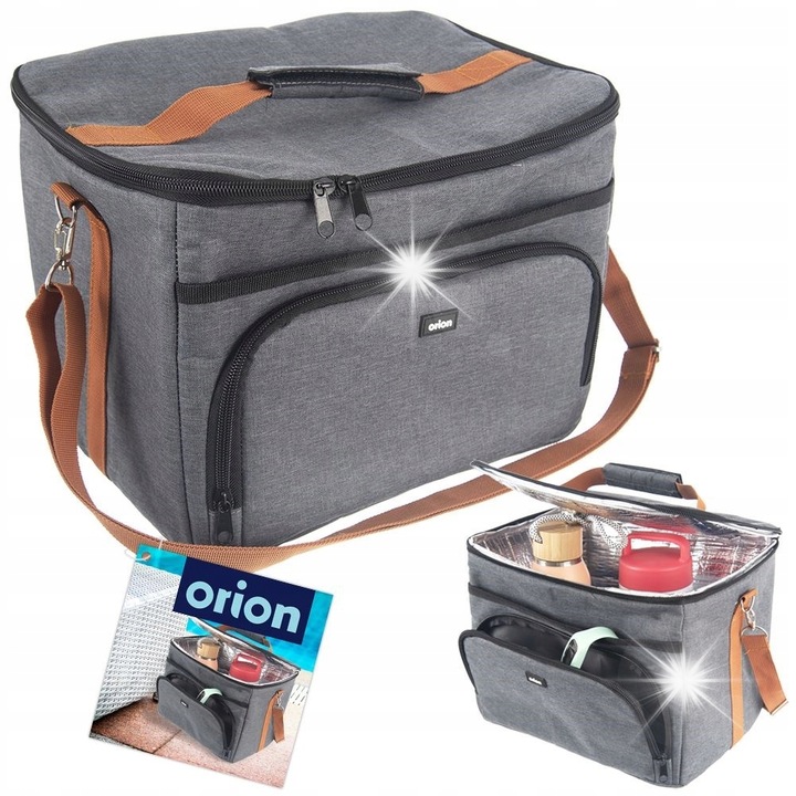 Geanta termoizolanta Orion 11L, gri, dimensiuni 31,5x23,5x22cm, cu curea reglabila, pentru picnic si calatorii
