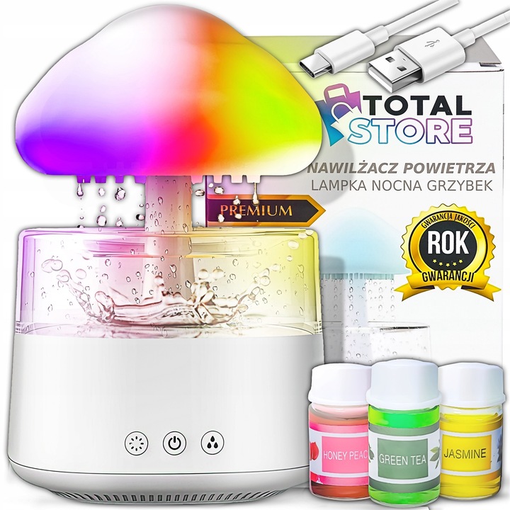 Párásító, 450ml, esőszimulációs funkció, éjjeli lámpa, készlet 3 illóolajjal