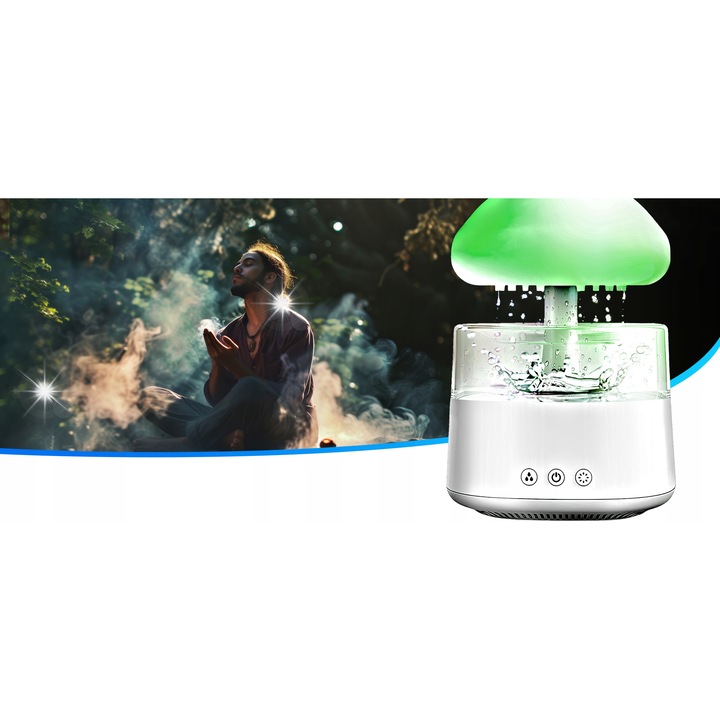 Gomba párásító, 450 ml, esőszimulációs funkcióval, éjjeli lámpával, 3 aromaterápiás olajjal