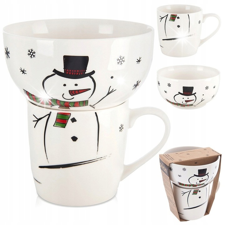 Set pentru copii, Orion, cu cana si bol, motiv om de zapada, 13x7,5cm, 12,5x9x8,5cm, alb