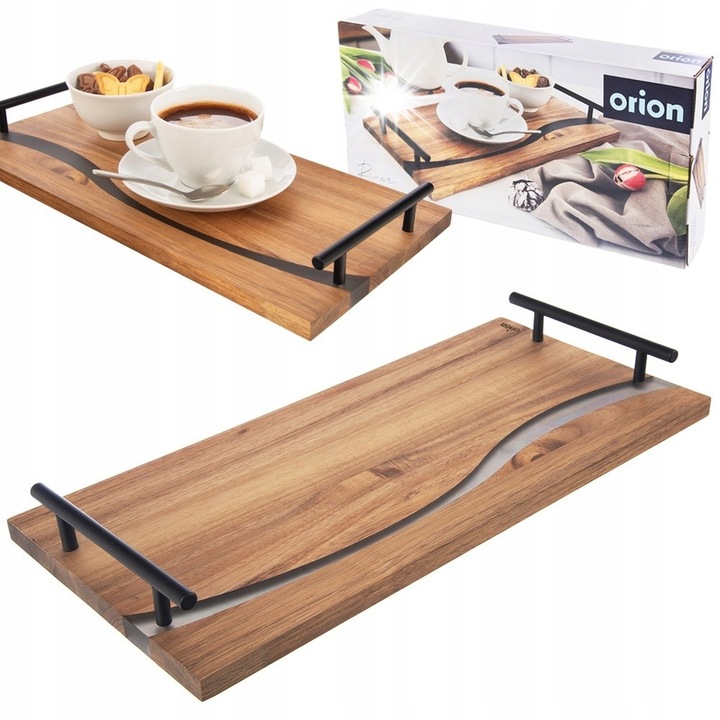 Tavita de servire cu manere metalice, Orion, 42x20x4,5cm, din lemn de acacia, culoare maro