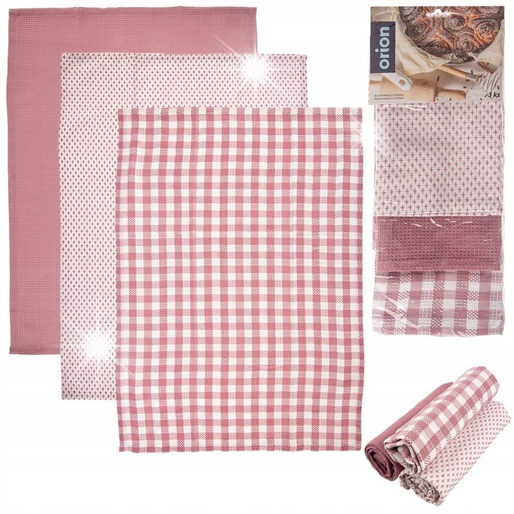 Set 3 prosoape de bucatarie din bumbac, roz si alb, 70x50cm, Orion