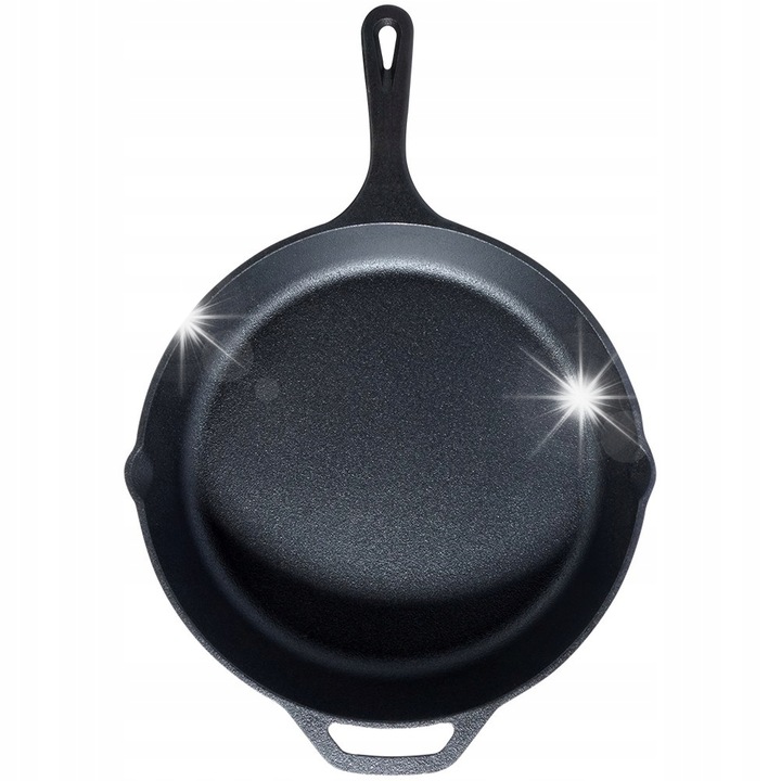 Чугунен тиган, 30 см, с капак, черен, комплект с червена силиконова дръжка