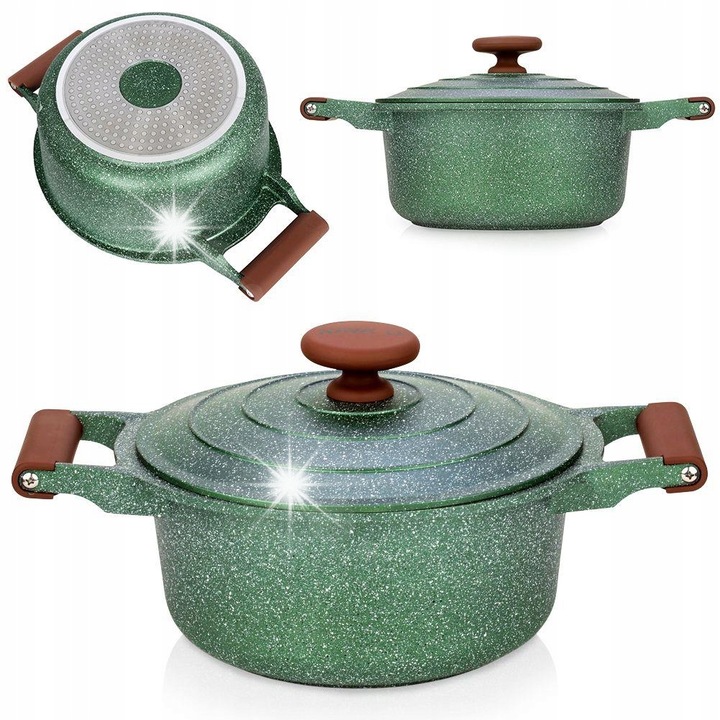 Oala granitata NAVA 24 cm, 4,4L, neaderenta, verde inchis, set