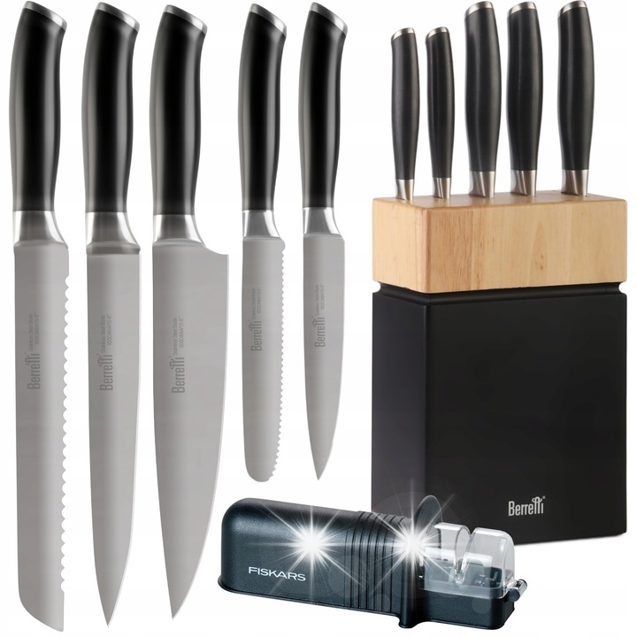 Set 5 cutite Berretti in bloc din lemn + ascutitor Fiskars, inox, 20cm, ergonomic