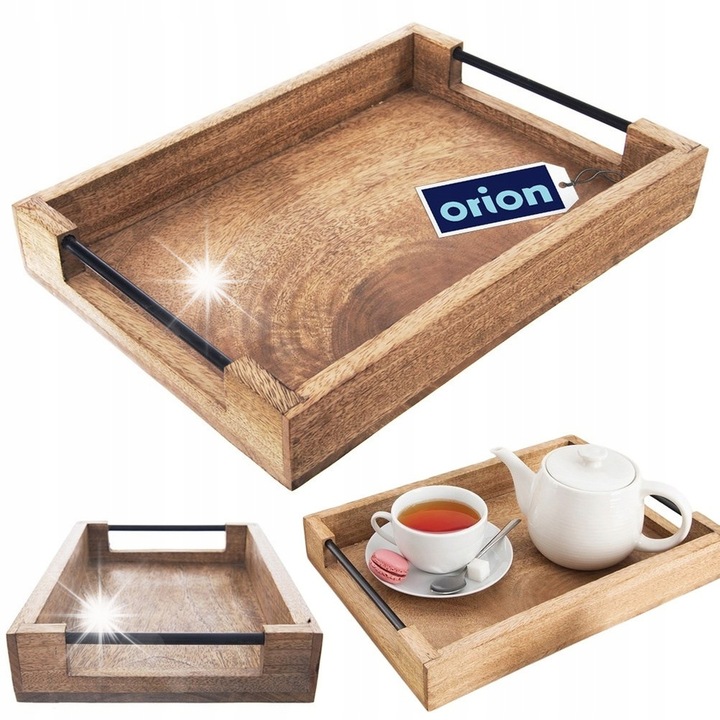 Tava de servire din lemn, Orion, 35,5x25,5x5,5 cm, cu manere metalice, culoare maro