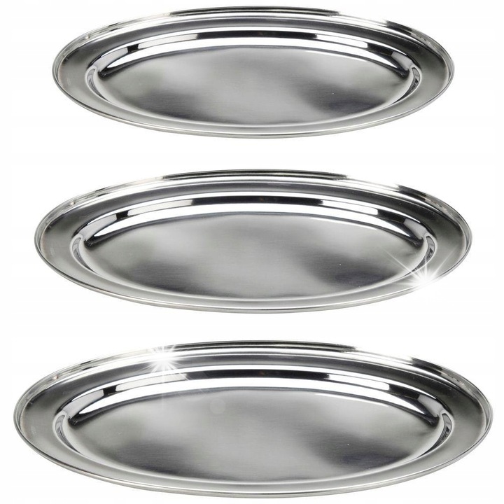 Set 3 tave ovale din otel inoxidabil, Excellent Houseware, argintii, dimensiuni 44,5x29cm, 40x27cm, 34x21,5cm