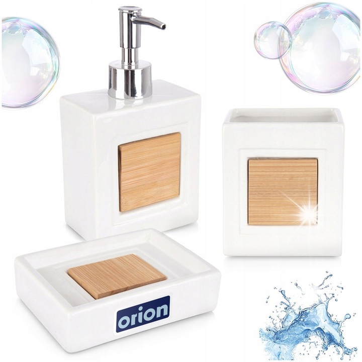 Set suporturi si accesorii de baie, Orion, dozator sapun gel, cupe si sapuniera, alb, bambus