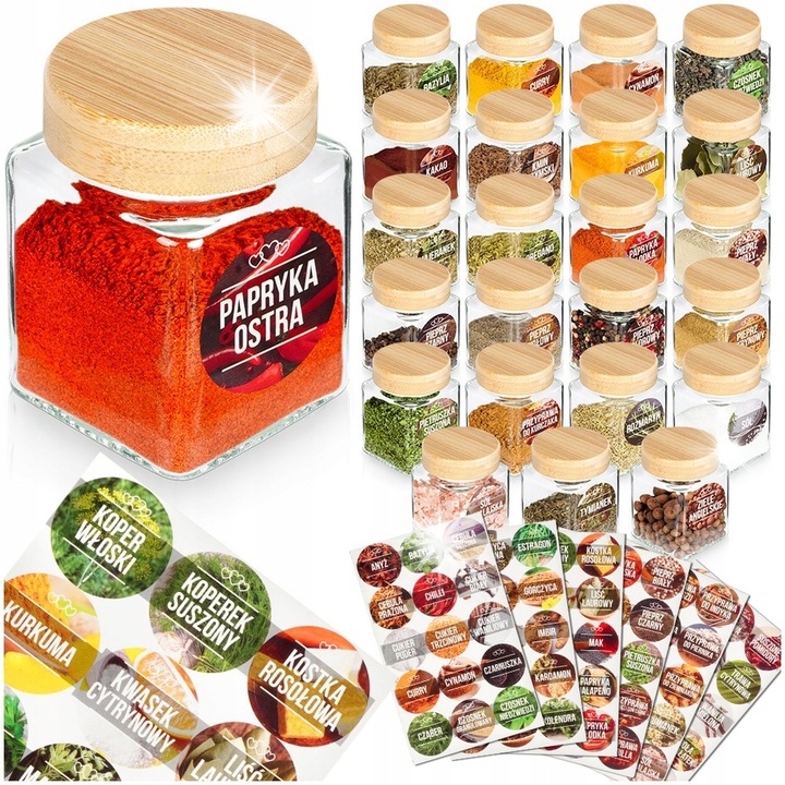 Set 24 recipiente pentru condimente, sticla transparenta, capac bambus, 5,5x5,5x7,5cm, 100ml