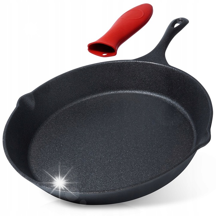 Чугунен тиган Vilde, 30 см, черен, с червен силиконов капак, комплект