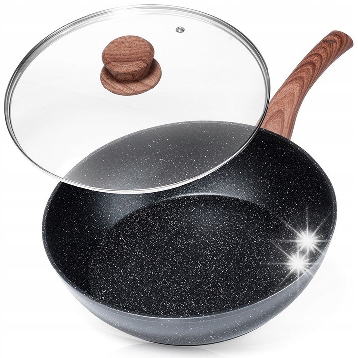 Tigaie granitata cu capac, 28 cm, neagra, adanca, set