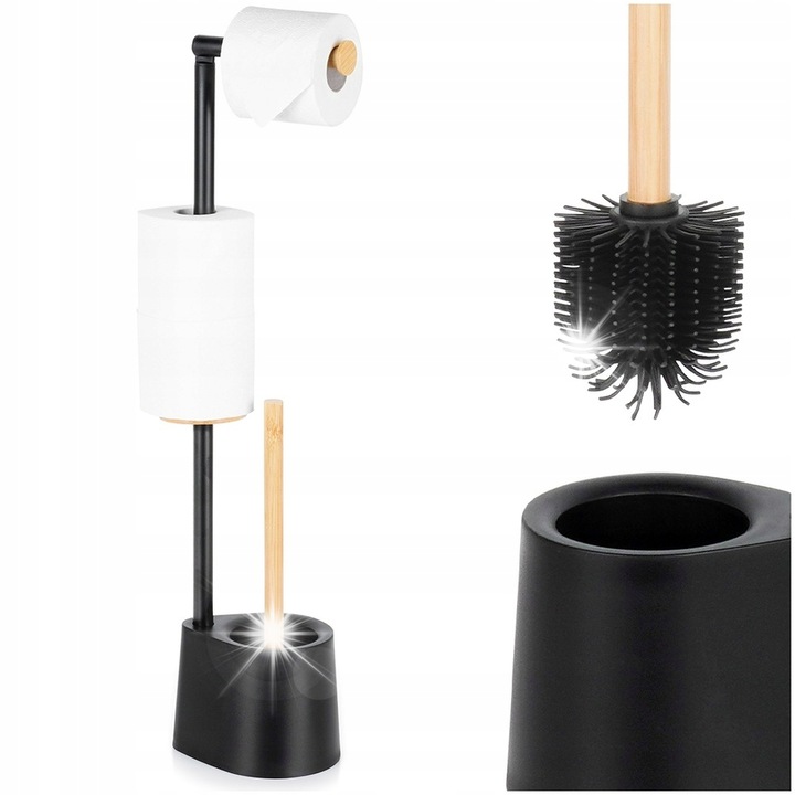 Suport pentru hartie igienica cu perie WC, Vilde, negru, 14,5x12,5x66cm, set 2in1