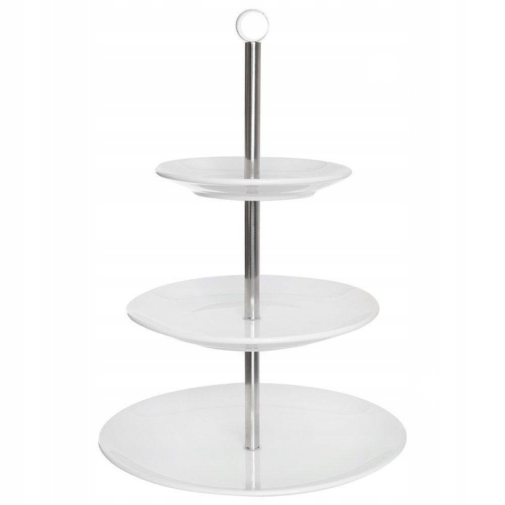 Platou 3-niveluri, Orion, portelan alb, 25x25,5cm, pentru prajituri si aperitive
