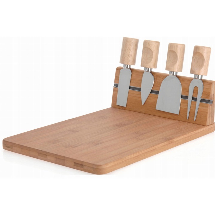 Tava de servire branza cu 4 cutite, Excellent Houseware, bambus, 30x21x8,5cm, maro, argintiu