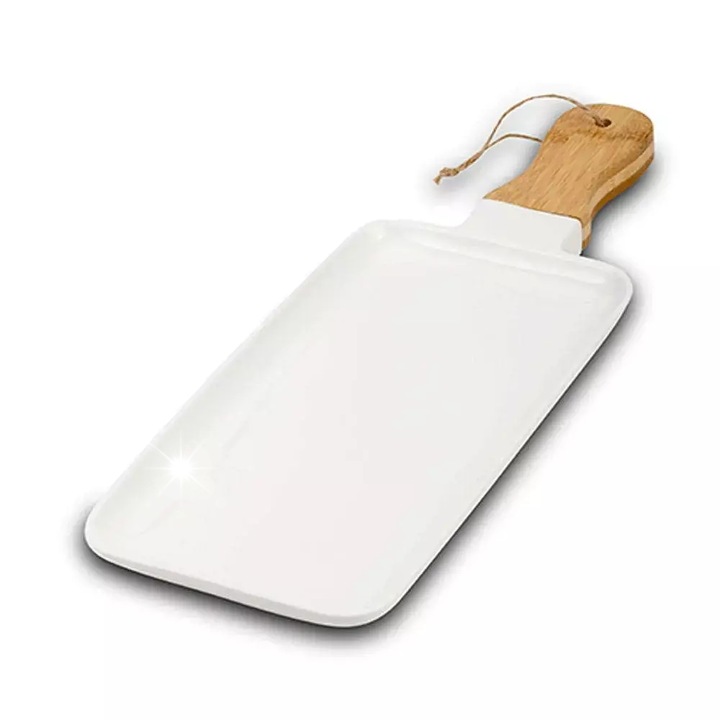 Porcelántányér bambusz fogantyúval, 40,5x15x2,5cm, fehér