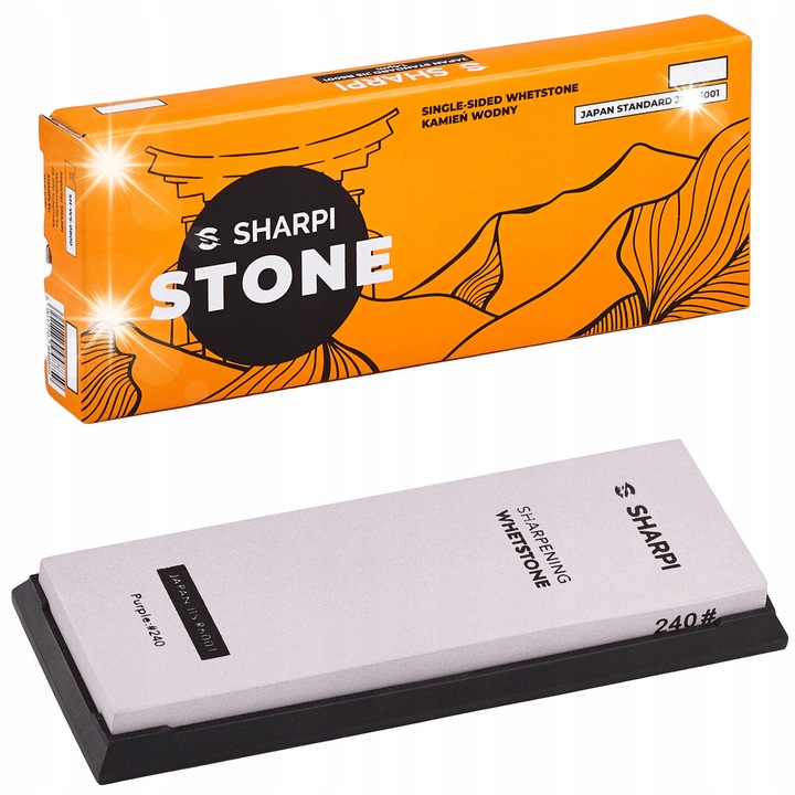 Piatra de ascutit SHARPI #240, 180x60x14mm, utilizare cu apa sau ulei, include suport antiderapant