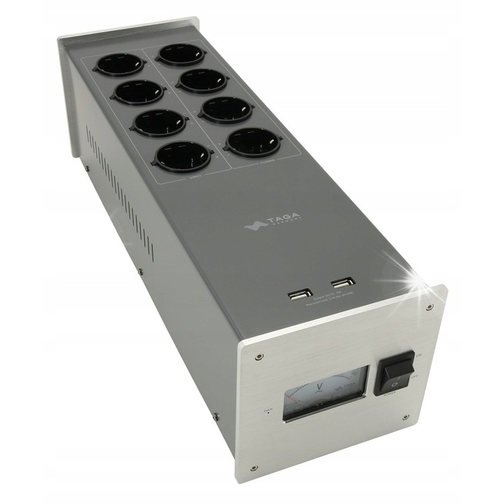 Разклонител TAGA Harmony PF-1000 LPS, 4 контакта, 2 USB порта, защита от пренапрежение, 13x14x44см, сребрист