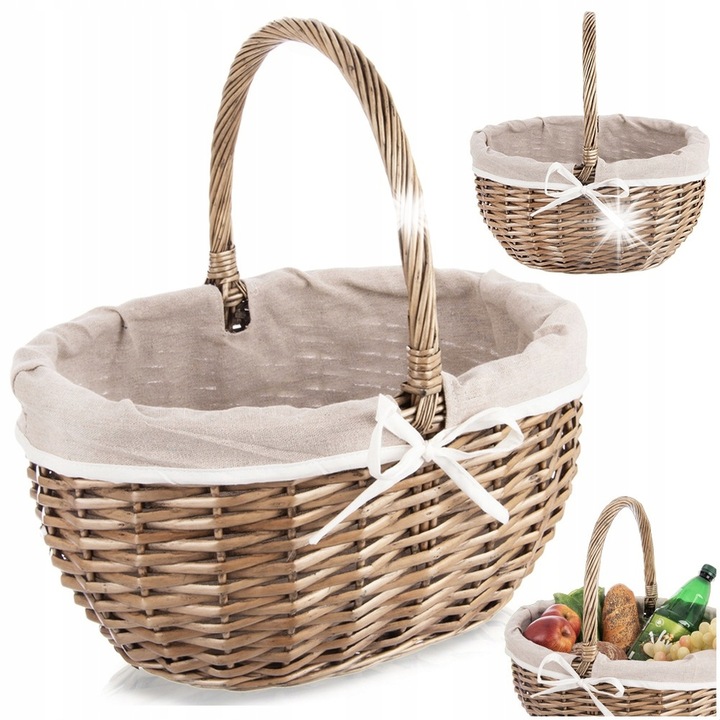 Cos de picnic din ratan cu maner, 40x31x40cm, captuseala bej, Orion