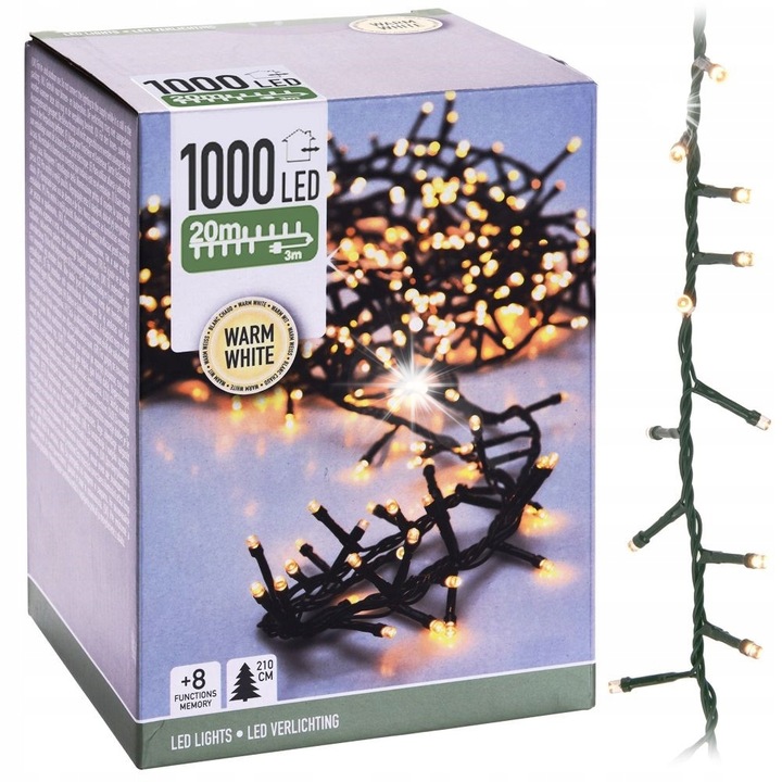Karácsonyi LED égők, 1000 LED, 20 m, 8 mód, zöld, bel- és kültéri