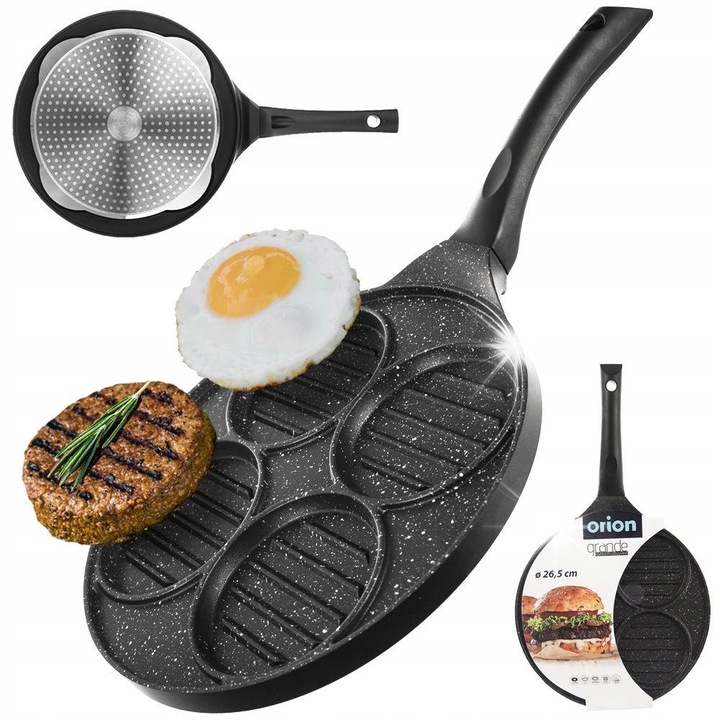 Tigaie grill cu suprafata granitata, Orion, 46x26,5cm, neagra, potrivita pentru toate tipurile de plite, lavabila in masina de spalat vase