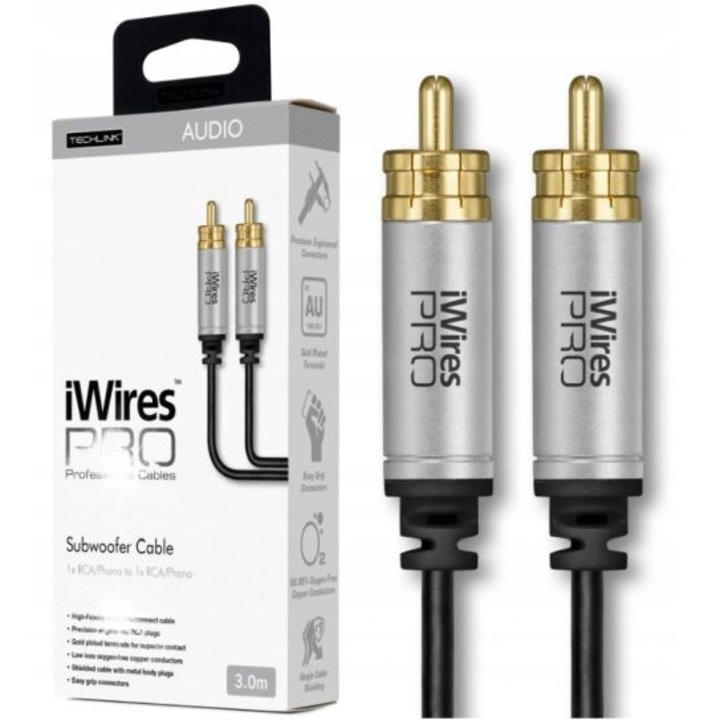 Аудио кабели, TechLink iWires PRO, 1xRCA - 1xRCA, 3м, за активни субуфери