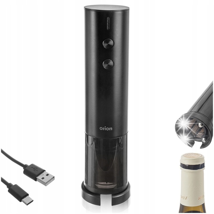 Korkociag electric Orion, 5x5x19,5cm, negru, cu incarcator USB-C, cu taietor de folie