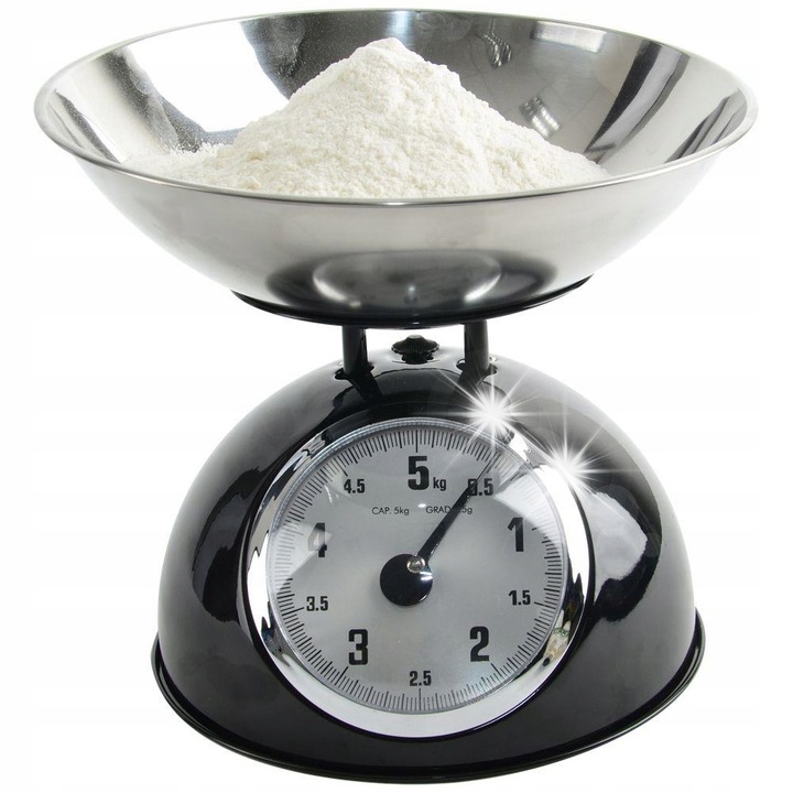 Cantar de bucatarie mecanic cu bol din otel inoxidabil, Orion, 5kg, design retro, 24,5x24,5x26cm, argintiu