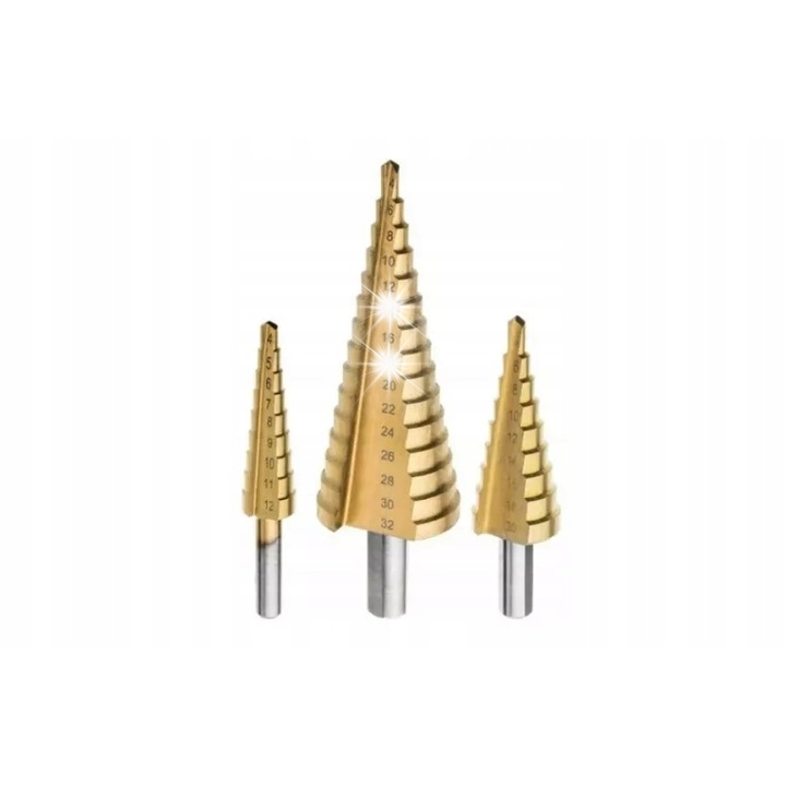 Set de burghie conice Drel, 4-12mm, 4-20mm, 4-32mm, HSS, acoperire cu oxid de titan