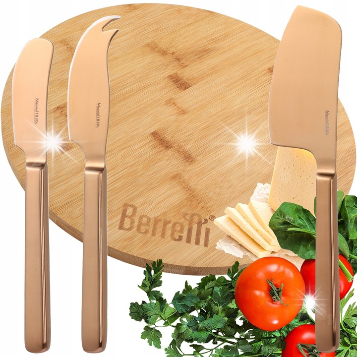 Set tocator rotativ din bambus 30cm + 3 cutite pentru branzeturi, Berretti, lemn