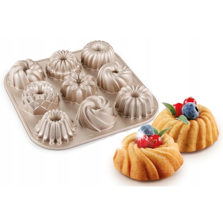 Forma de prajituri, Tescoma, blana de copt pentru 9 mini babecici, metal, antiderapant, multicolor, 23,5x23,5x3,5cm