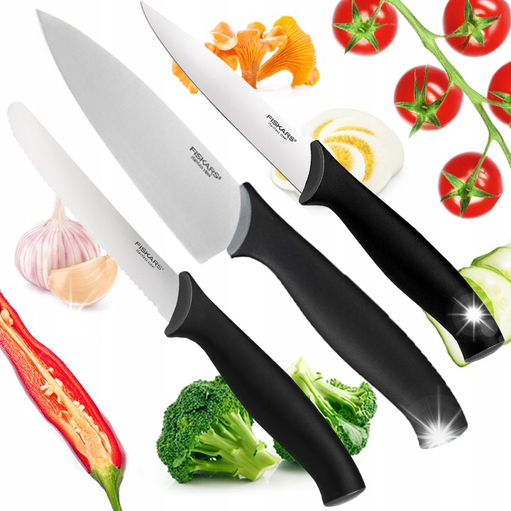 Set de cutite de bucatarie Fiskars, 3 piese, inox, ergonomice, argintiu/negru