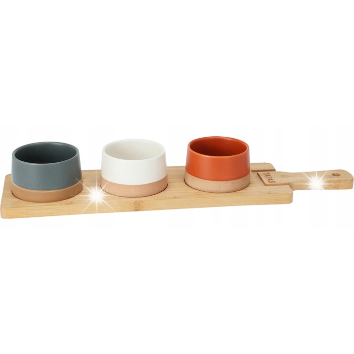 Set 3 boluri din ceramica, Excellent Houseware, 9,5x5,5cm, multicolor, cu tava din bambus 48x12x1,5cm