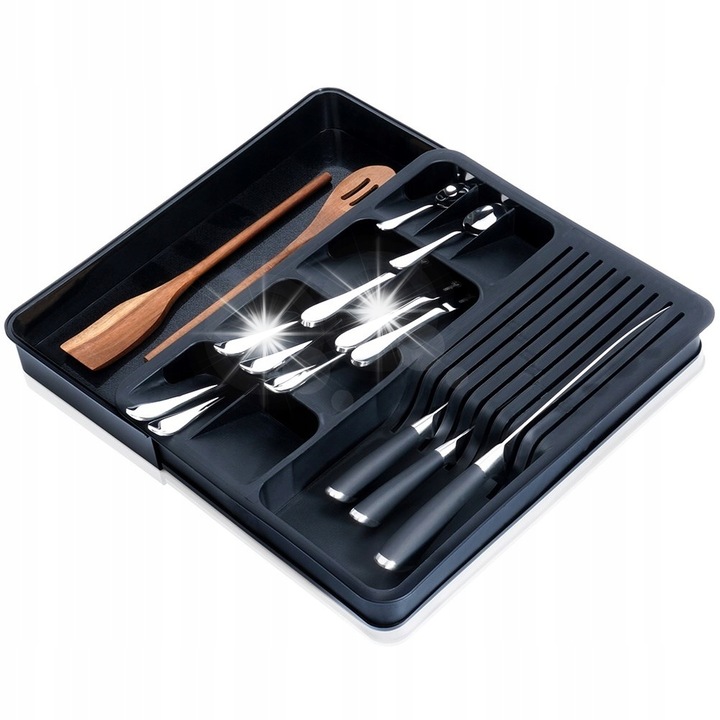 Fiókrendező, Vilde, kihúzható 40-45x31x5cm, evőeszközöknek és késeknek, fekete színű