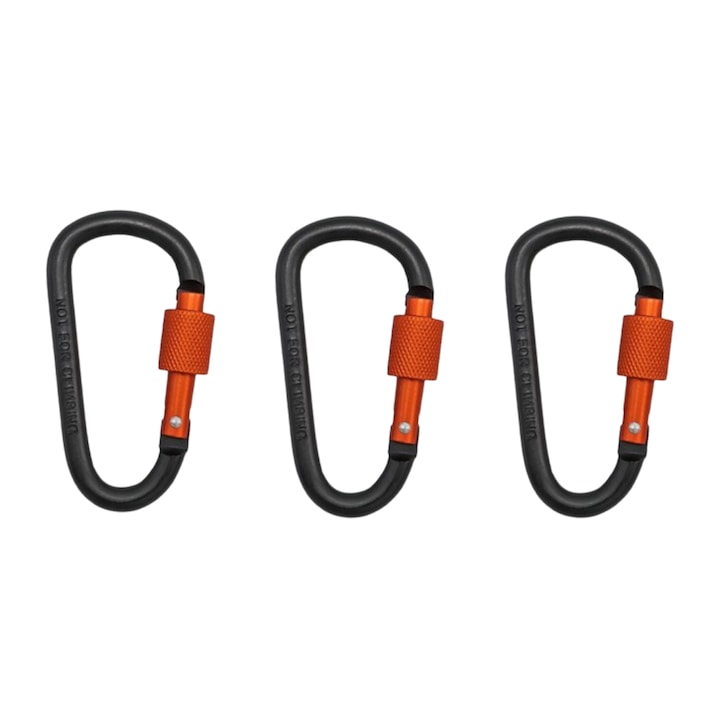 Комплект 3 карабинера D-тип, свръхтвърда сплав, бързо освобождаване със заключване, светло черен