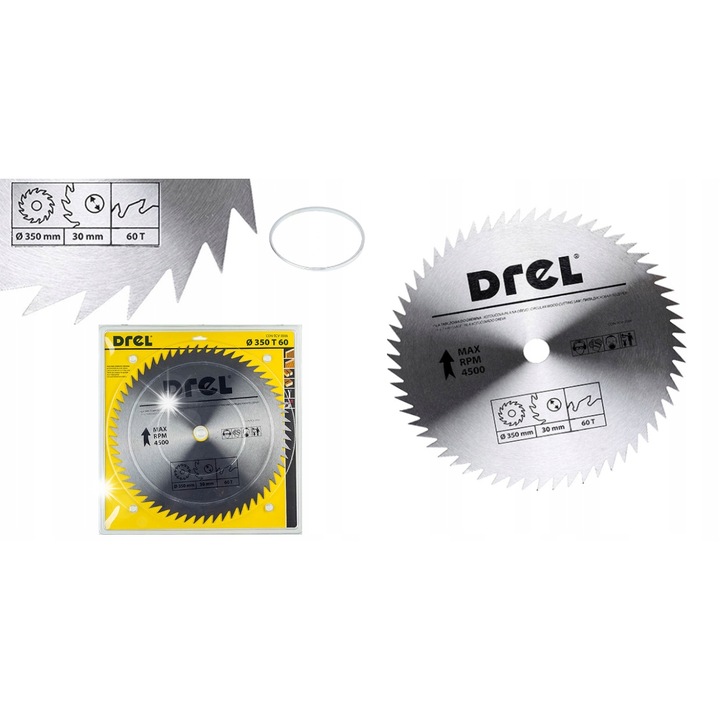 Pila circulara DRL 350mm, 60 dinti, pentru taierea lemnului, deschidere 30mm, set de reductie 26mm