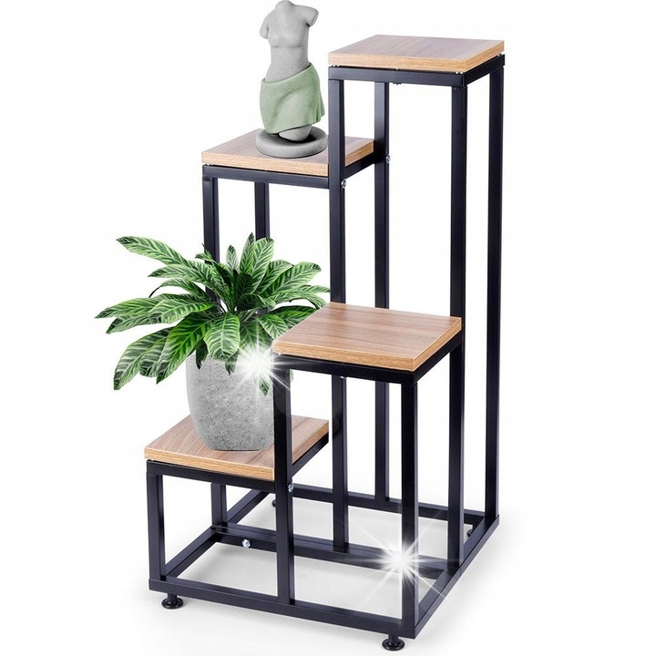 Kwietnik metalic cu 4 niveluri, negru, 34x34x69cm, pentru plante si decoratiuni