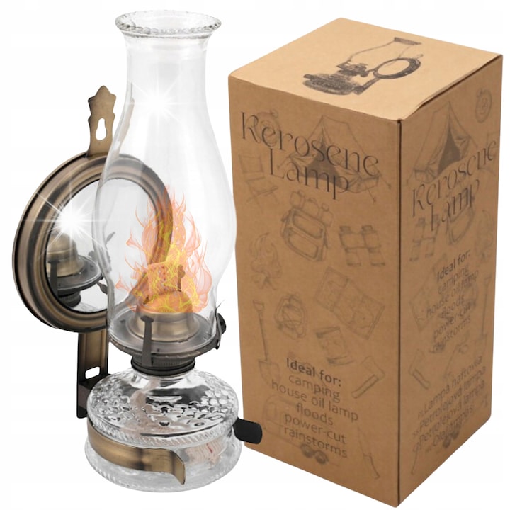 Lampa cu ulei 31cm cu oglinda, sticla, vechi mosiad, reglabila, set