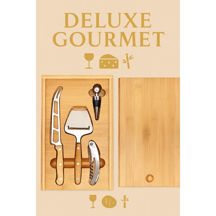 Set cadou Bamboo Wine & Cheese Deluxe, 4 piese, cutie bambus premium, cadou corporate gourmet