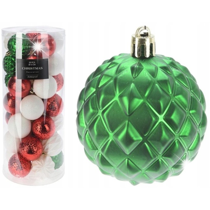 Set 35 globuri de Craciun, 6cm, alb, verde, rosu, diverse modele